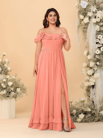 Robes de Demoiselle d'Honneur Grande Taille en Chiffon, Style Princesse/Ligne A, Décolleté Épaules Dénudées, Manches Courtes avec Fente Latérale