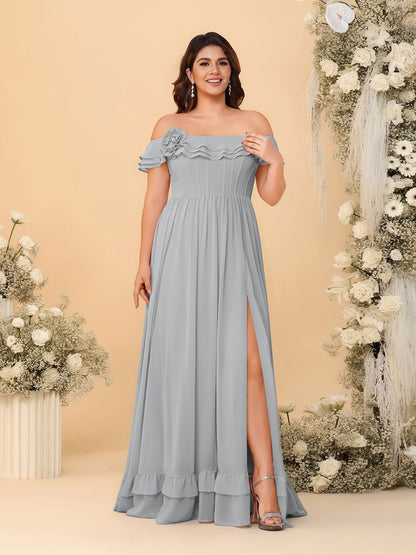 Robes de Demoiselle d'Honneur Grande Taille en Chiffon, Style Princesse/Ligne A, Décolleté Épaules Dénudées, Manches Courtes avec Fente Latérale