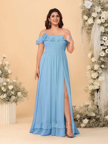 Robes de Demoiselle d'Honneur Grande Taille en Chiffon, Style Princesse/Ligne A, Décolleté Épaules Dénudées, Manches Courtes avec Fente Latérale