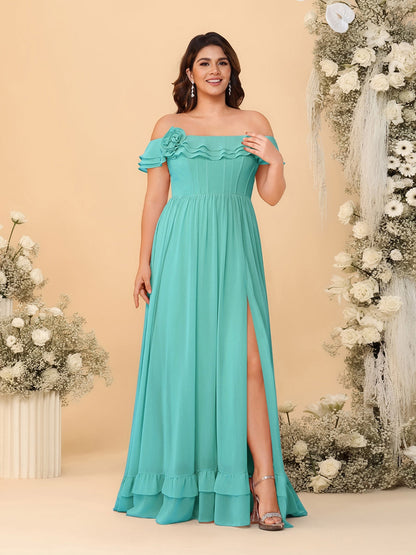 Robes de Demoiselle d'Honneur Grande Taille en Chiffon, Style Princesse/Ligne A, Décolleté Épaules Dénudées, Manches Courtes avec Fente Latérale