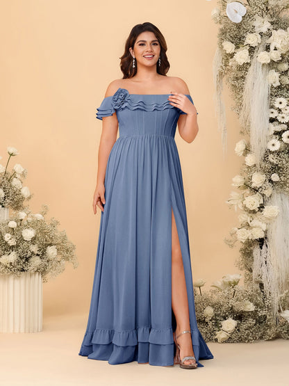 Robes de Demoiselle d'Honneur Grande Taille en Chiffon, Style Princesse/Ligne A, Décolleté Épaules Dénudées, Manches Courtes avec Fente Latérale