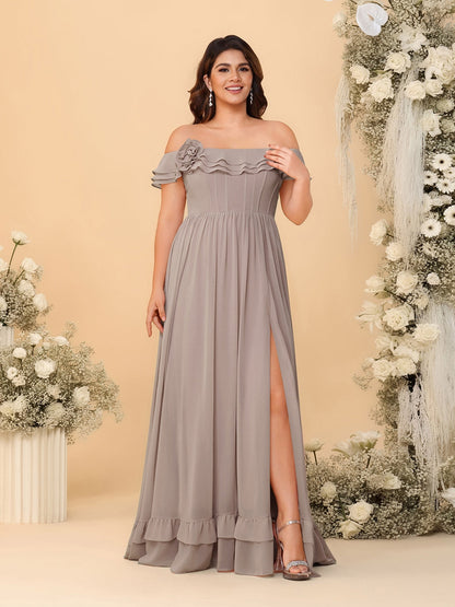 Robes de Demoiselle d'Honneur Grande Taille en Chiffon, Style Princesse/Ligne A, Décolleté Épaules Dénudées, Manches Courtes avec Fente Latérale