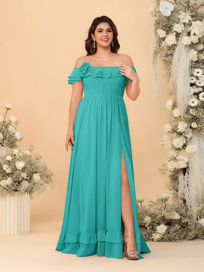 Robes de Demoiselle d'Honneur Grande Taille en Chiffon, Style Princesse/Ligne A, Décolleté Épaules Dénudées, Manches Courtes avec Fente Latérale