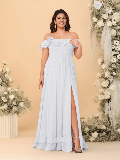 Robes de Demoiselle d'Honneur Grande Taille en Chiffon, Style Princesse/Ligne A, Décolleté Épaules Dénudées, Manches Courtes avec Fente Latérale