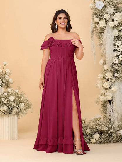 Robes de Demoiselle d'Honneur Grande Taille en Chiffon, Style Princesse/Ligne A, Décolleté Épaules Dénudées, Manches Courtes avec Fente Latérale