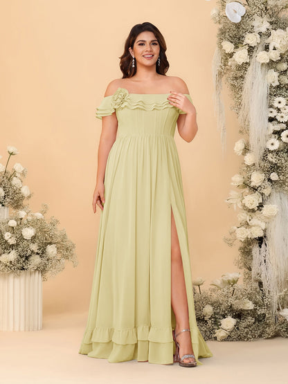 Robes de Demoiselle d'Honneur Grande Taille en Chiffon, Style Princesse/Ligne A, Décolleté Épaules Dénudées, Manches Courtes avec Fente Latérale