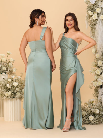 Robes de Demoiselle d'Honneur Fourreau/Colonne à Une Épaule sans Manches avec Fente Latérale et Volants