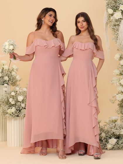 Robes de Demoiselle d'Honneur Ligne A/Princesse Décolleté Épaule Nue Bretelles Spaghetti sans Manches avec Volants