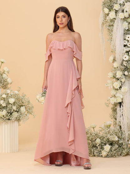 Robes de Demoiselle d'Honneur Ligne A/Princesse Décolleté Épaule Nue Bretelles Spaghetti sans Manches avec Volants
