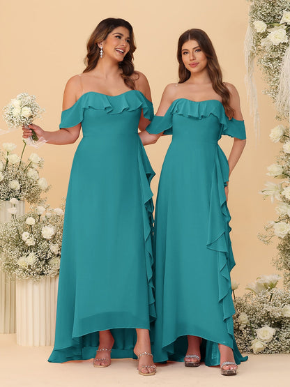Robes de Demoiselle d'Honneur Ligne A/Princesse Décolleté Épaule Nue Bretelles Spaghetti sans Manches avec Volants
