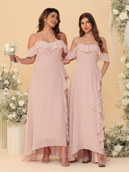 Robes de Demoiselle d'Honneur Ligne A/Princesse Décolleté Épaule Nue Bretelles Spaghetti sans Manches avec Volants