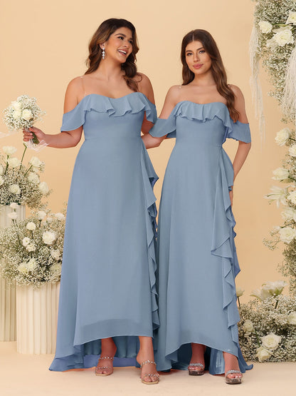 Robes de Demoiselle d'Honneur Ligne A/Princesse Décolleté Épaule Nue Bretelles Spaghetti sans Manches avec Volants