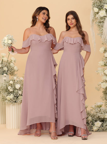 Robes de Demoiselle d'Honneur Ligne A/Princesse Décolleté Épaule Nue Bretelles Spaghetti sans Manches avec Volants