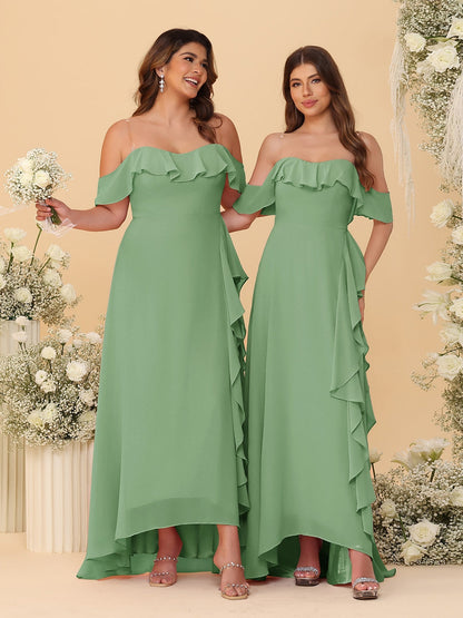 Robes de Demoiselle d'Honneur Ligne A/Princesse Décolleté Épaule Nue Bretelles Spaghetti sans Manches avec Volants