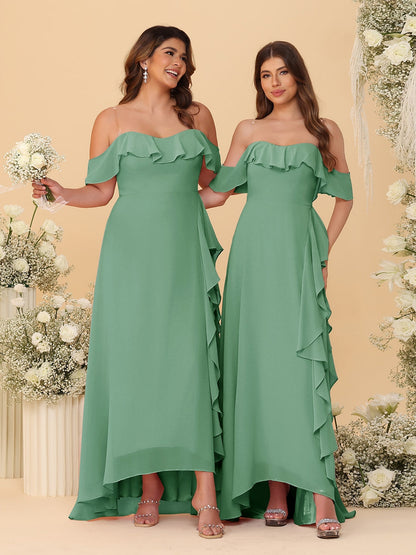 Robes de Demoiselle d'Honneur Ligne A/Princesse Décolleté Épaule Nue Bretelles Spaghetti sans Manches avec Volants