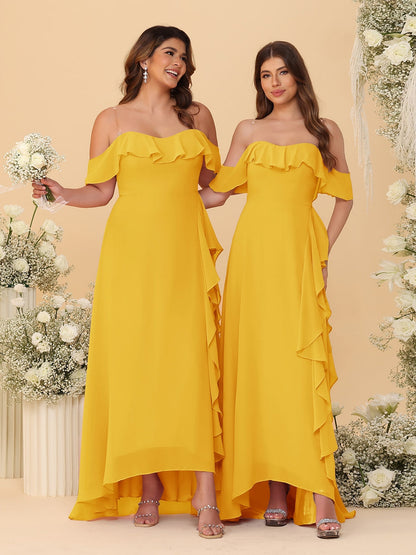 Robes de Demoiselle d'Honneur Ligne A/Princesse Décolleté Épaule Nue Bretelles Spaghetti sans Manches avec Volants