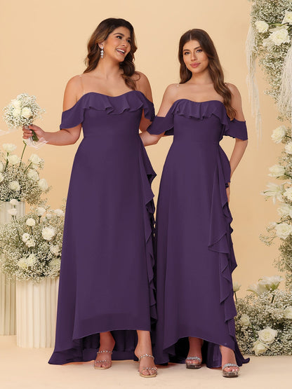Robes de Demoiselle d'Honneur Ligne A/Princesse Décolleté Épaule Nue Bretelles Spaghetti sans Manches avec Volants