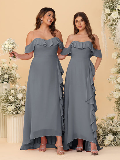 Robes de Demoiselle d'Honneur Ligne A/Princesse Décolleté Épaule Nue Bretelles Spaghetti sans Manches avec Volants