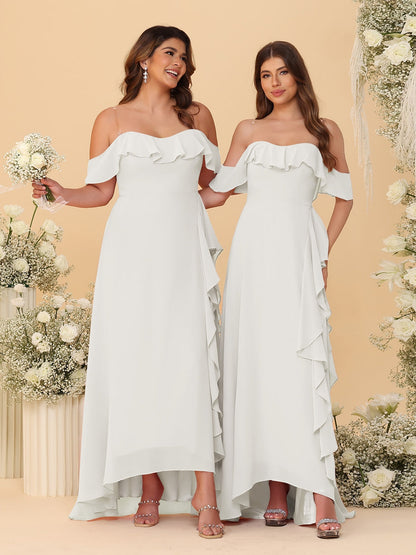 Robes de Demoiselle d'Honneur Ligne A/Princesse Décolleté Épaule Nue Bretelles Spaghetti sans Manches avec Volants