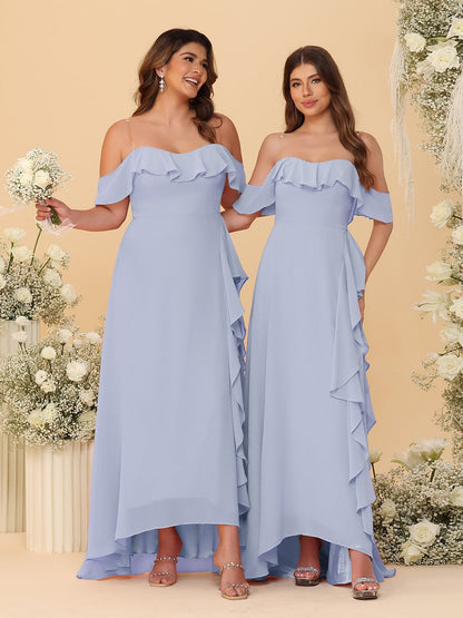 Robes de Demoiselle d'Honneur Ligne A/Princesse Décolleté Épaule Nue Bretelles Spaghetti sans Manches avec Volants