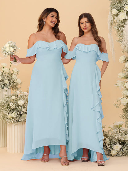 Robes de Demoiselle d'Honneur Ligne A/Princesse Décolleté Épaule Nue Bretelles Spaghetti sans Manches avec Volants