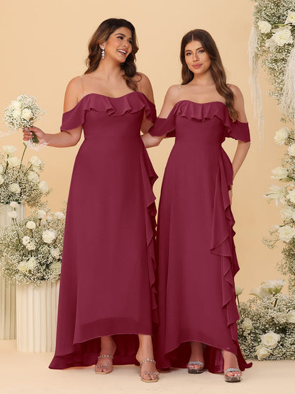 Robes de Demoiselle d'Honneur Ligne A/Princesse Décolleté Épaule Nue Bretelles Spaghetti sans Manches avec Volants