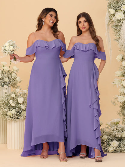 Robes de Demoiselle d'Honneur Ligne A/Princesse Décolleté Épaule Nue Bretelles Spaghetti sans Manches avec Volants
