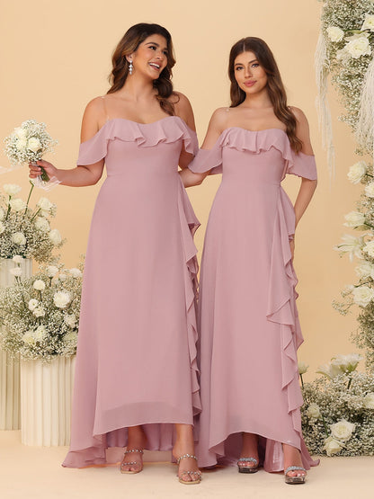 Robes de Demoiselle d'Honneur Ligne A/Princesse Décolleté Épaule Nue Bretelles Spaghetti sans Manches avec Volants