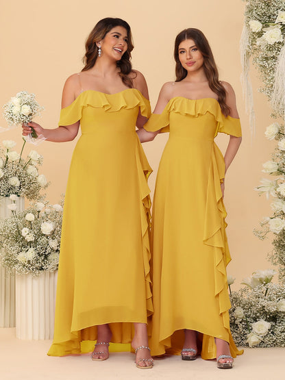 Robes de Demoiselle d'Honneur Ligne A/Princesse Décolleté Épaule Nue Bretelles Spaghetti sans Manches avec Volants