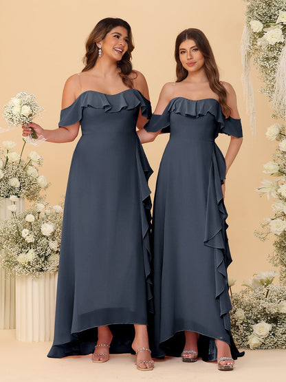 Robes de Demoiselle d'Honneur Ligne A/Princesse Décolleté Épaule Nue Bretelles Spaghetti sans Manches avec Volants