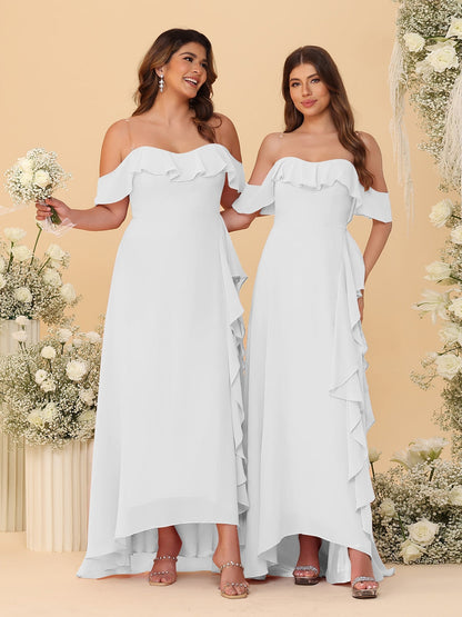 Robes de Demoiselle d'Honneur Ligne A/Princesse Décolleté Épaule Nue Bretelles Spaghetti sans Manches avec Volants
