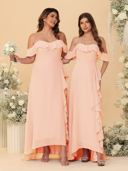 Robes de Demoiselle d'Honneur Ligne A/Princesse Décolleté Épaule Nue Bretelles Spaghetti sans Manches avec Volants