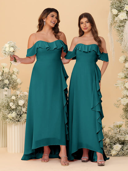 Robes de Demoiselle d'Honneur Ligne A/Princesse Décolleté Épaule Nue Bretelles Spaghetti sans Manches avec Volants