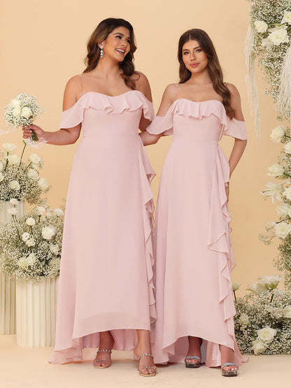 Robes de Demoiselle d'Honneur Ligne A/Princesse Décolleté Épaule Nue Bretelles Spaghetti sans Manches avec Volants