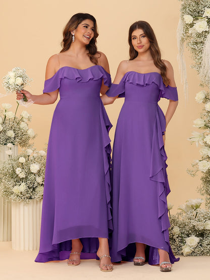 Robes de Demoiselle d'Honneur Ligne A/Princesse Décolleté Épaule Nue Bretelles Spaghetti sans Manches avec Volants
