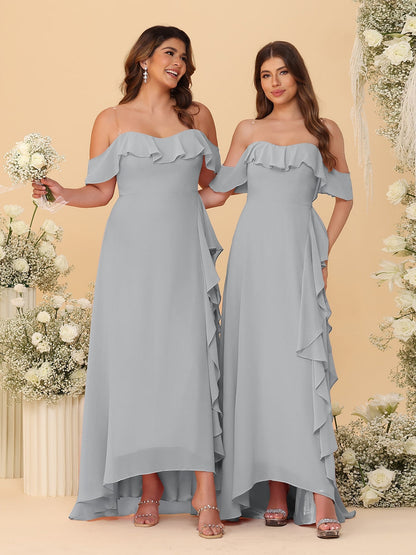 Robes de Demoiselle d'Honneur Ligne A/Princesse Décolleté Épaule Nue Bretelles Spaghetti sans Manches avec Volants