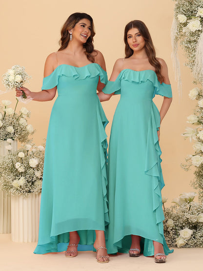 Robes de Demoiselle d'Honneur Ligne A/Princesse Décolleté Épaule Nue Bretelles Spaghetti sans Manches avec Volants