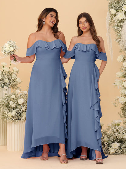 Robes de Demoiselle d'Honneur Ligne A/Princesse Décolleté Épaule Nue Bretelles Spaghetti sans Manches avec Volants