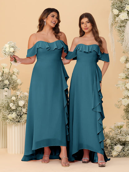 Robes de Demoiselle d'Honneur Ligne A/Princesse Décolleté Épaule Nue Bretelles Spaghetti sans Manches avec Volants