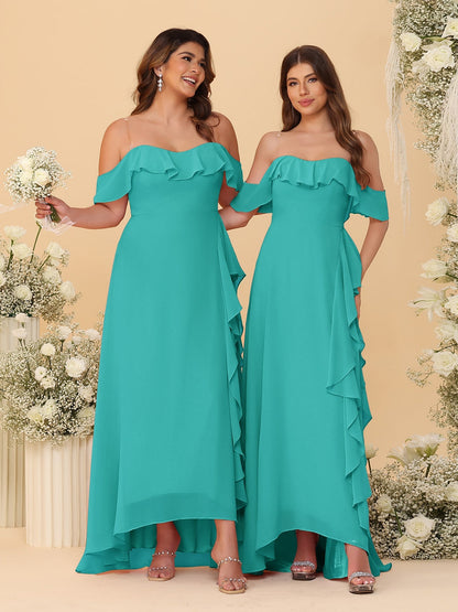 Robes de Demoiselle d'Honneur Ligne A/Princesse Décolleté Épaule Nue Bretelles Spaghetti sans Manches avec Volants