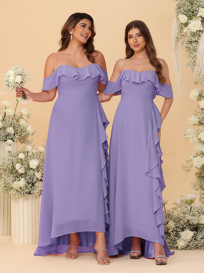 Robes de Demoiselle d'Honneur Ligne A/Princesse Décolleté Épaule Nue Bretelles Spaghetti sans Manches avec Volants