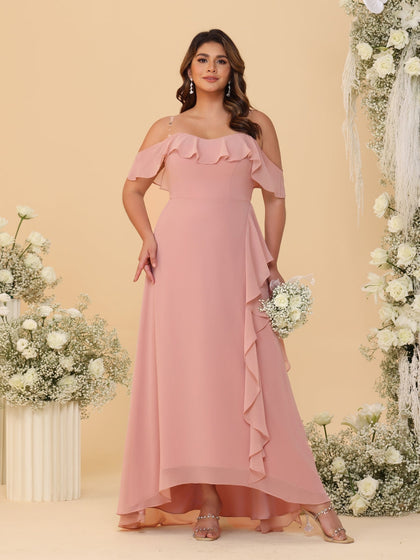 Robes de Demoiselle d'Honneur Grande Taille Ligne A/Princesse Décolleté Bardot avec Volants