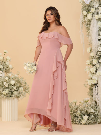 Robes de Demoiselle d'Honneur Grande Taille Ligne A/Princesse Décolleté Bardot avec Volants