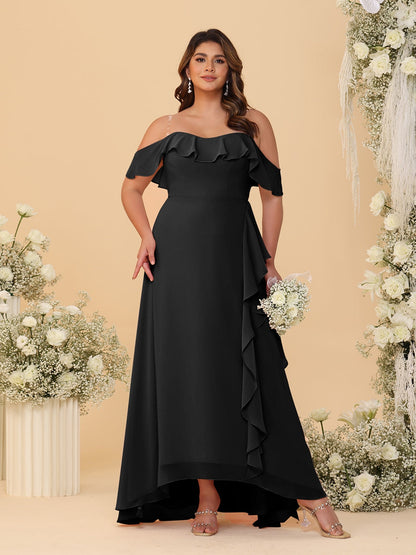 Robes de Demoiselle d'Honneur Grande Taille Ligne A/Princesse Décolleté Bardot avec Volants
