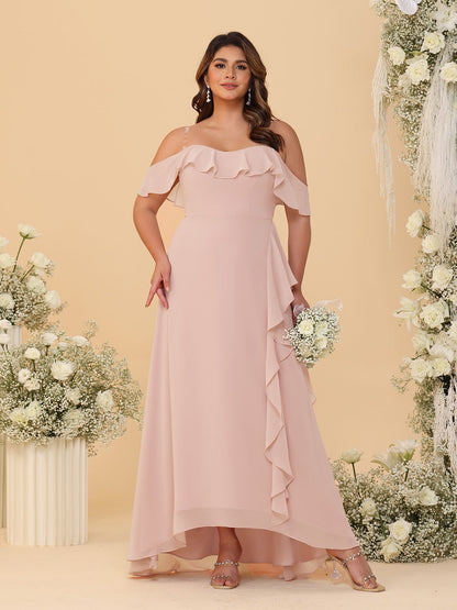 Robes de Demoiselle d'Honneur Grande Taille Ligne A/Princesse Décolleté Bardot avec Volants