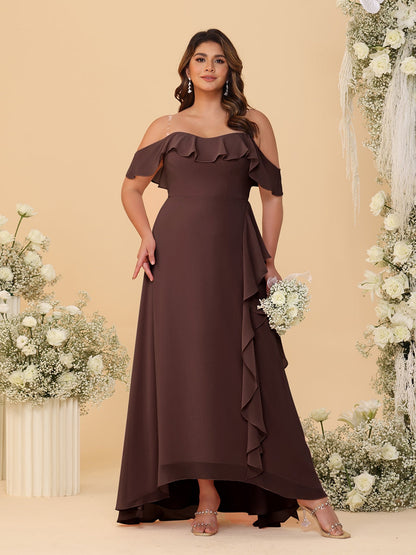 Robes de Demoiselle d'Honneur Grande Taille Ligne A/Princesse Décolleté Bardot avec Volants