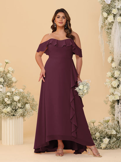 Robes de Demoiselle d'Honneur Grande Taille Ligne A/Princesse Décolleté Bardot avec Volants