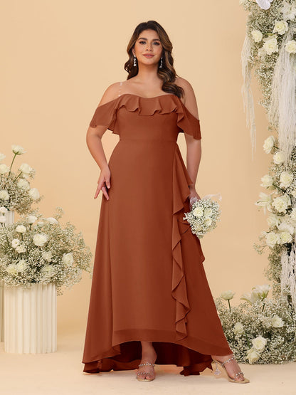 Robes de Demoiselle d'Honneur Grande Taille Ligne A/Princesse Décolleté Bardot avec Volants