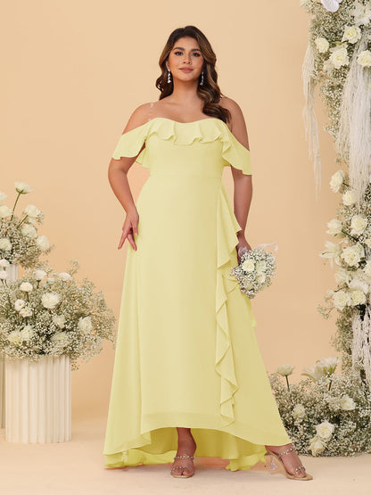Robes de Demoiselle d'Honneur Grande Taille Ligne A/Princesse Décolleté Bardot avec Volants