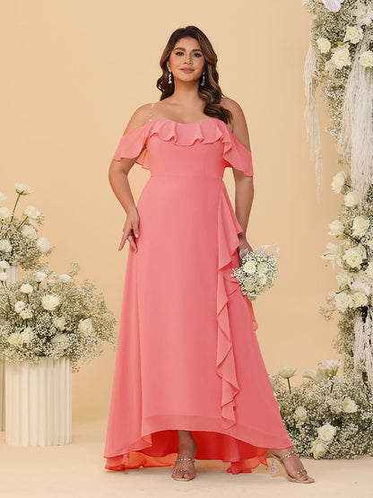 Robes de Demoiselle d'Honneur Grande Taille Ligne A/Princesse Décolleté Bardot avec Volants